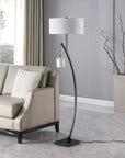 59" Matte Black Dual Arc Floor Lamp With White Drum Shade
