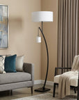 59" Matte Black Dual Arc Floor Lamp With White Drum Shade