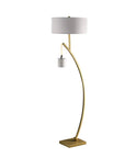 59" Gold And White Arc Floor Lamp With White Fabric Drum Shade
