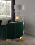 59" Gold And White Arc Floor Lamp With White Fabric Drum Shade