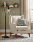 60" Antiqued Bronze Lantern Style Floor Lamp With Glass and Metal Shade