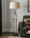 55" Black Metal And Rope Tree Branch Floor Lamp With Tan Fabric Shade