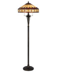 61" Bronze Two Light Traditional Shaped Floor Lamp With Purple and Ivory Abstract Tiffany Glass Empire Shade