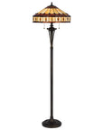 61" Bronze Two Light Traditional Shaped Floor Lamp With Purple and Ivory Abstract Tiffany Glass Empire Shade
