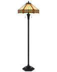 60" Bronze Two Light Traditional Shaped Floor Lamp With Orange and Ivory Abstract Tiffany Glass Empire Shade