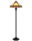 60" Bronze Two Light Traditional Shaped Floor Lamp With Orange and Ivory Abstract Tiffany Glass Empire Shade