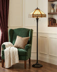 60" Bronze Two Light Traditional Shaped Floor Lamp With Orange and Ivory Abstract Tiffany Glass Empire Shade