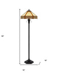 60" Bronze Two Light Traditional Shaped Floor Lamp With Orange and Ivory Abstract Tiffany Glass Empire Shade
