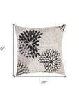 20" Black Gray and White Handmade Floral Indoor Outdoor Throw Pillow