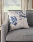 20" Beige Blue and Ivory Floral Indoor Outdoor Throw Pillow