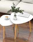 Set Of Two White and Natural Wood Triangle Nested Coffee Tables