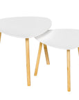 Set Of Two White and Natural Wood Triangle Nested Coffee Tables