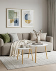 Set Of Two White and Natural Wood Triangle Nested Coffee Tables