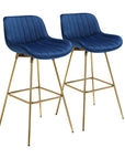 Set of Two 29" Blue And Gold Velvet And Metal Low Back Bar Height Swivel Bar Chairs