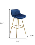 Set of Two 29" Blue And Gold Velvet And Metal Low Back Bar Height Swivel Bar Chairs