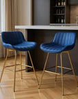 Set of Two 29" Blue And Gold Velvet And Metal Low Back Bar Height Swivel Bar Chairs
