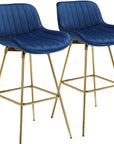 Set of Two 29" Blue And Gold Velvet And Metal Low Back Bar Height Swivel Bar Chairs