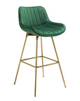Set of Two 29" Blue And Gold Velvet And Metal Low Back Bar Height Swivel Bar Chairs
