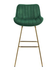 Set of Two 29" Blue And Gold Velvet And Metal Low Back Bar Height Swivel Bar Chairs