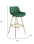 Set of Two 29" Blue And Gold Velvet And Metal Low Back Bar Height Swivel Bar Chairs