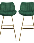 Set of Two 29" Blue And Gold Velvet And Metal Low Back Bar Height Swivel Bar Chairs