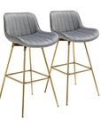 Set of Two 29" Blue And Gold Velvet And Metal Low Back Bar Height Swivel Bar Chairs