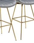 Set of Two 29" Blue And Gold Velvet And Metal Low Back Bar Height Swivel Bar Chairs