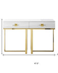 47" White Wood and Gold Stainless Steel Sled Console Table With Two Drawers