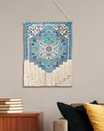 45" X 26" Blue Aqua And Ivory Flower Floral Cotton Macrame Hanging Tapestry