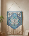 45" X 26" Blue Aqua And Ivory Flower Floral Cotton Macrame Hanging Tapestry