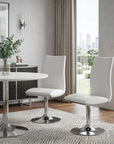 Set of Two White And Silver Faux Leather And Metal Swivel Dining Side Chairs