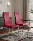 Set of Two Red And Silver Faux Leather And Stainless Steel Dining Side Chairs