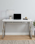 47" White and Silver Wood and Metal Computer Desk