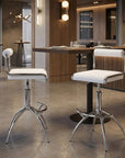Set of Two White And Silver Faux Leather And Metal Low Back Adjustable Height Bar Chairs