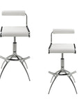 Set of Two White And Silver Faux Leather And Metal Low Back Adjustable Height Bar Chairs