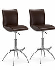 Set of Two Brown And Silver Faux Leather And Metal Low Back Adjustable Height Swivel Bar Chairs