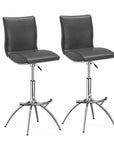Set of Two Brown And Silver Faux Leather And Metal Low Back Adjustable Height Swivel Bar Chairs