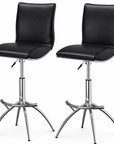 Set of Two Brown And Silver Faux Leather And Metal Low Back Adjustable Height Swivel Bar Chairs