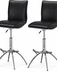 Set of Two Brown And Silver Faux Leather And Metal Low Back Adjustable Height Swivel Bar Chairs