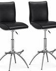 Set of Two Brown And Silver Faux Leather And Metal Low Back Adjustable Height Swivel Bar Chairs