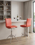 Set of Two Brown And Silver Faux Leather And Metal Low Back Adjustable Height Swivel Bar Chairs