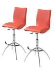 Set of Two Brown And Silver Faux Leather And Metal Low Back Adjustable Height Swivel Bar Chairs