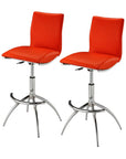 Set of Two Brown And Silver Faux Leather And Metal Low Back Adjustable Height Swivel Bar Chairs