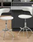 Set of Two White And Silver Faux Leather And Metal Low Back Adjustable Height Bar Chairs