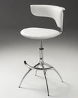 Set of Two White And Silver Faux Leather And Metal Low Back Adjustable Height Bar Chairs