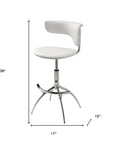 Set of Two White And Silver Faux Leather And Metal Low Back Adjustable Height Bar Chairs