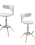 Set of Two White And Silver Faux Leather And Metal Low Back Adjustable Height Bar Chairs