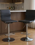 Set of Two Black And Silver Faux Leather And Metal Low Back Adjustable Height Bar Chairs