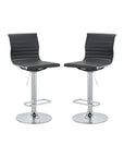 Set of Two Black And Silver Faux Leather And Metal Low Back Adjustable Height Bar Chairs
