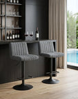 Set of Two Gray And Black Fabric And Metal Low Back Adjustable Height Bar Chairs
